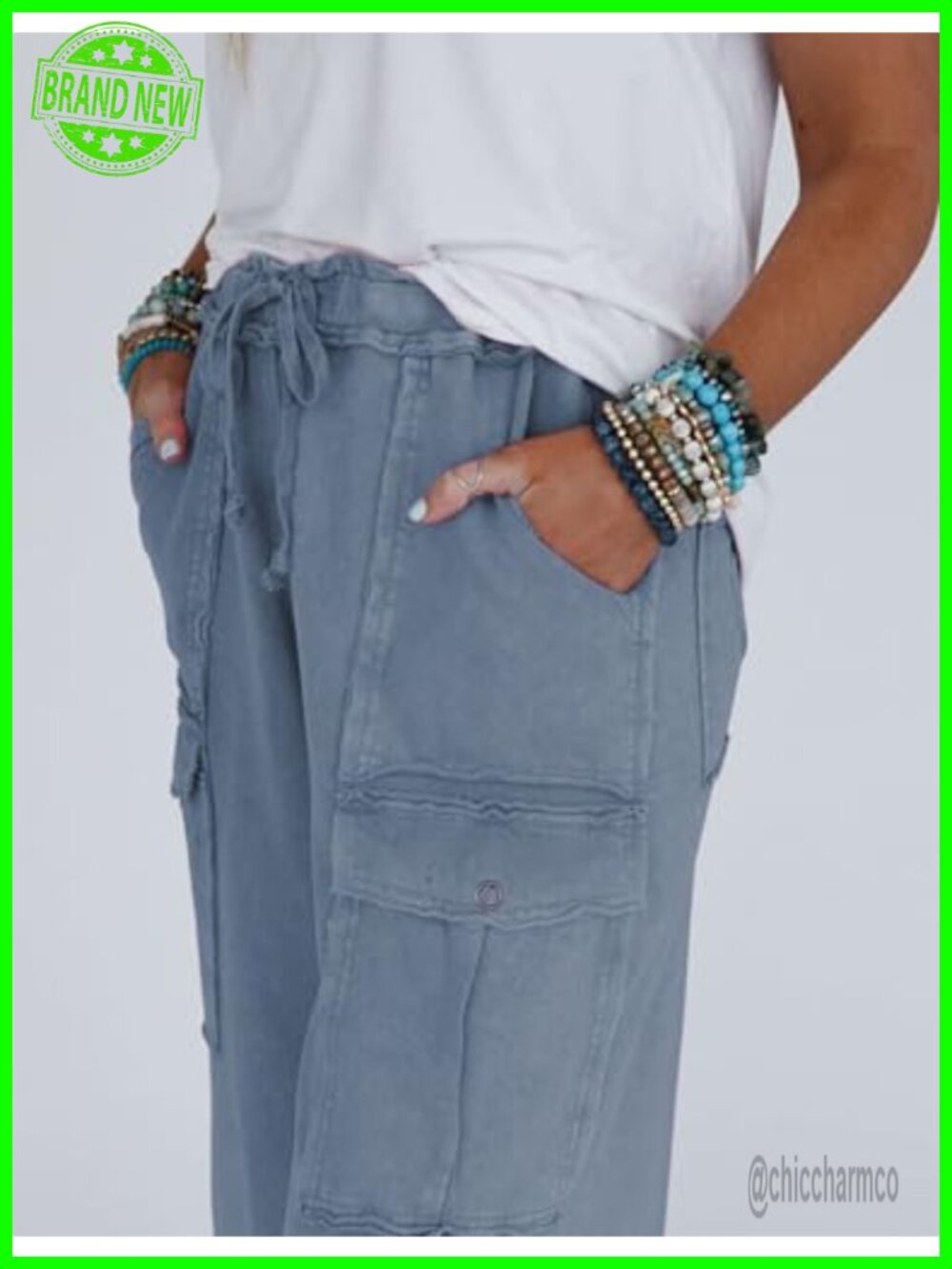 Wide Leg Acid Wash Sweatpants High Rise Baggy Cargo Drawstring Elastic Waist - Picture 4 of 6